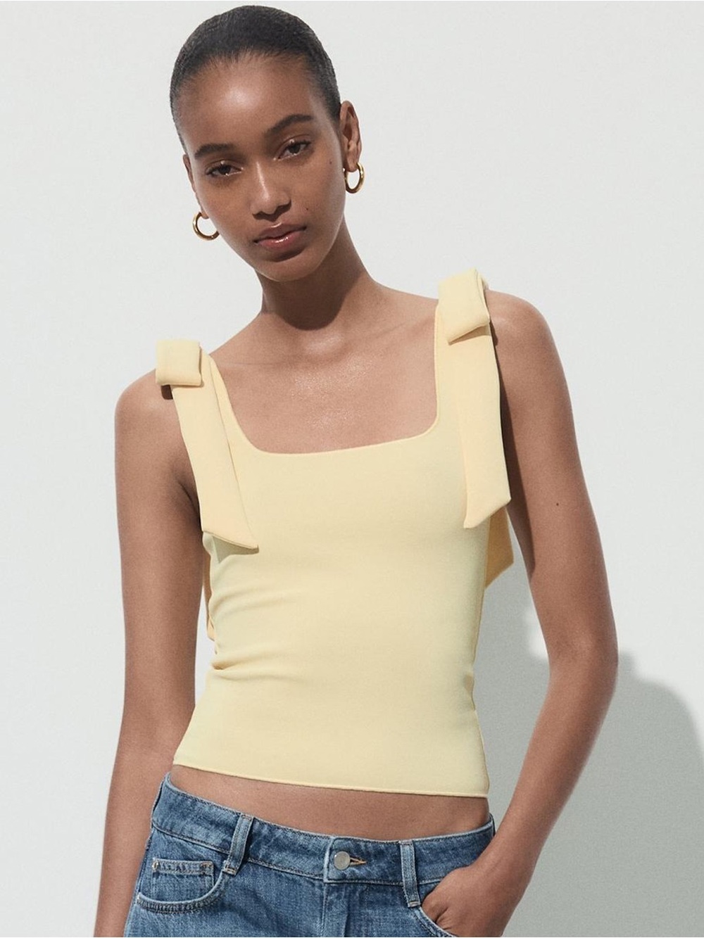 Zara Pale Yellow Tie-Shoulder Square Neck Tank